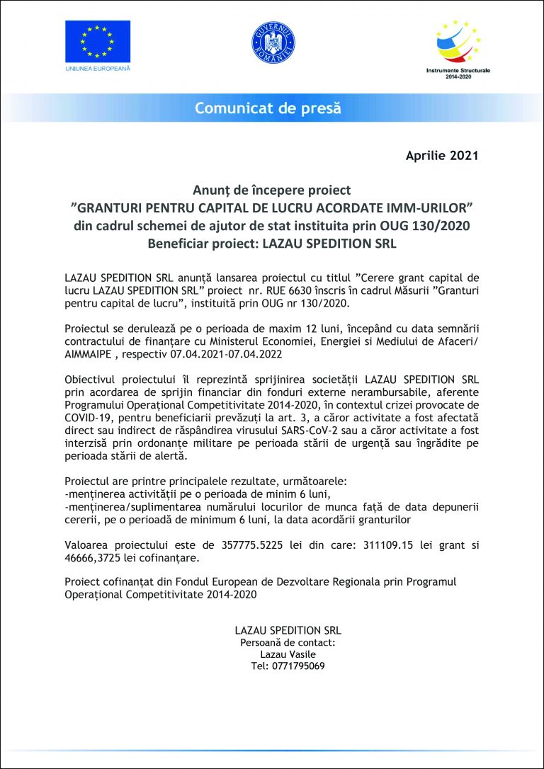 Comunicat de presă LAZAU SPEDITION SRL