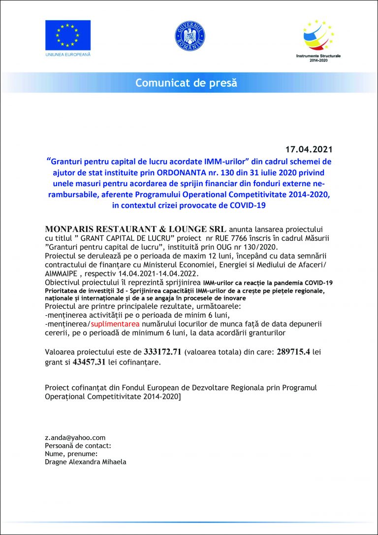 Comunicat de presă MONPARIS RESTAURANT & LOUNGE SRL
