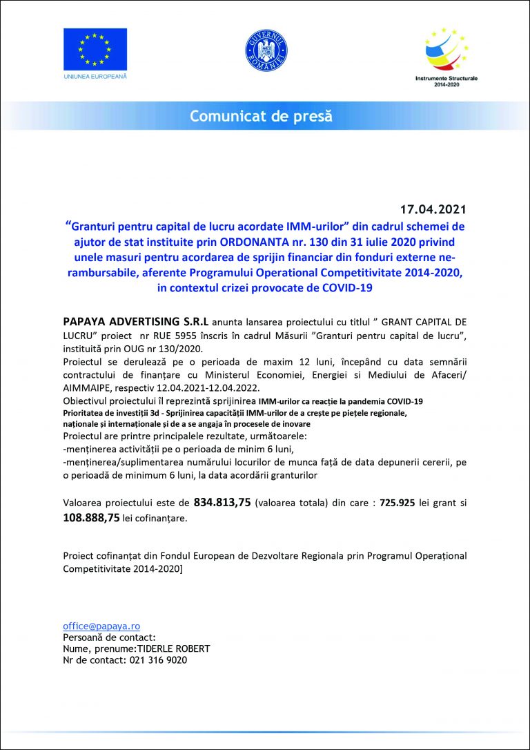Comunicat de presă PAPAYA ADVERTISING S.R.L