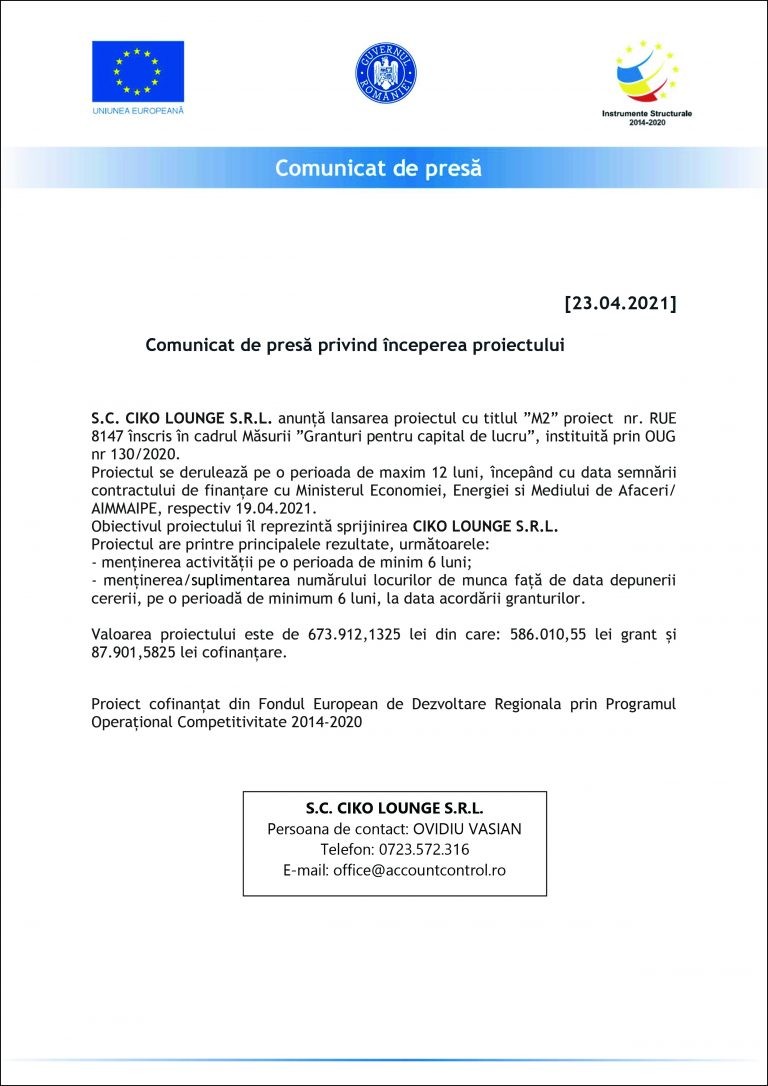 Comunicat de presă S.C. CIKO LOUNGE S.R.L