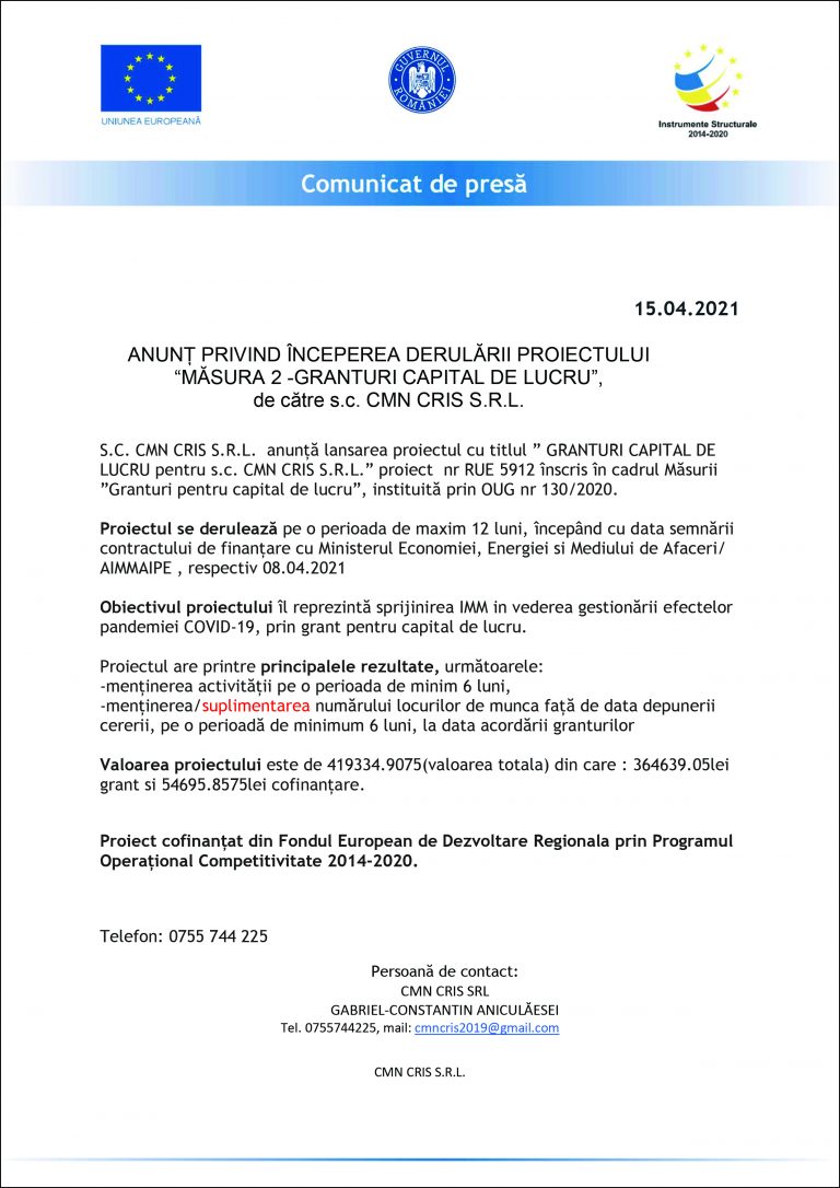 Comunicat de presă S.C. CMN CRIS S.R.L.
