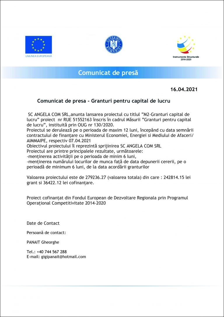 Comunicat de presă SC ANGELA COM SRL