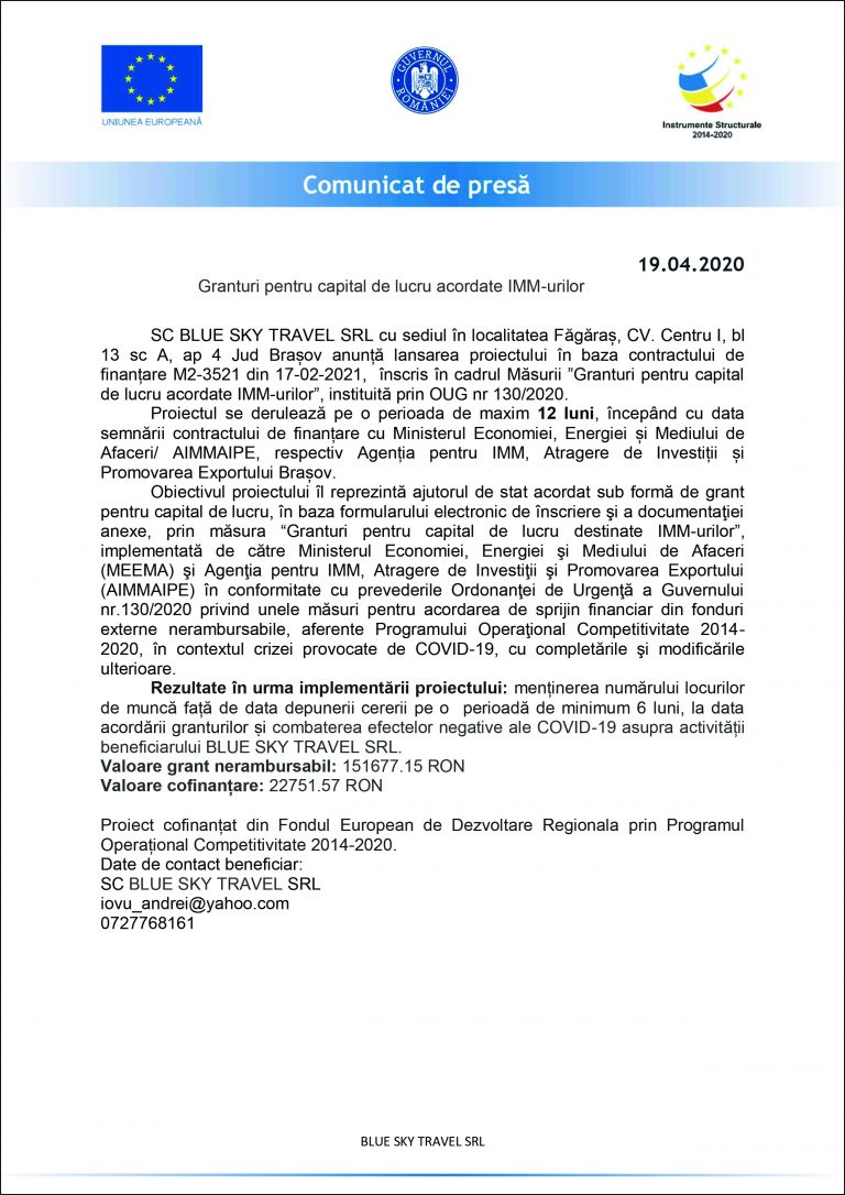 Comunicat de presă SC BLUE SKY TRAVEL SRL