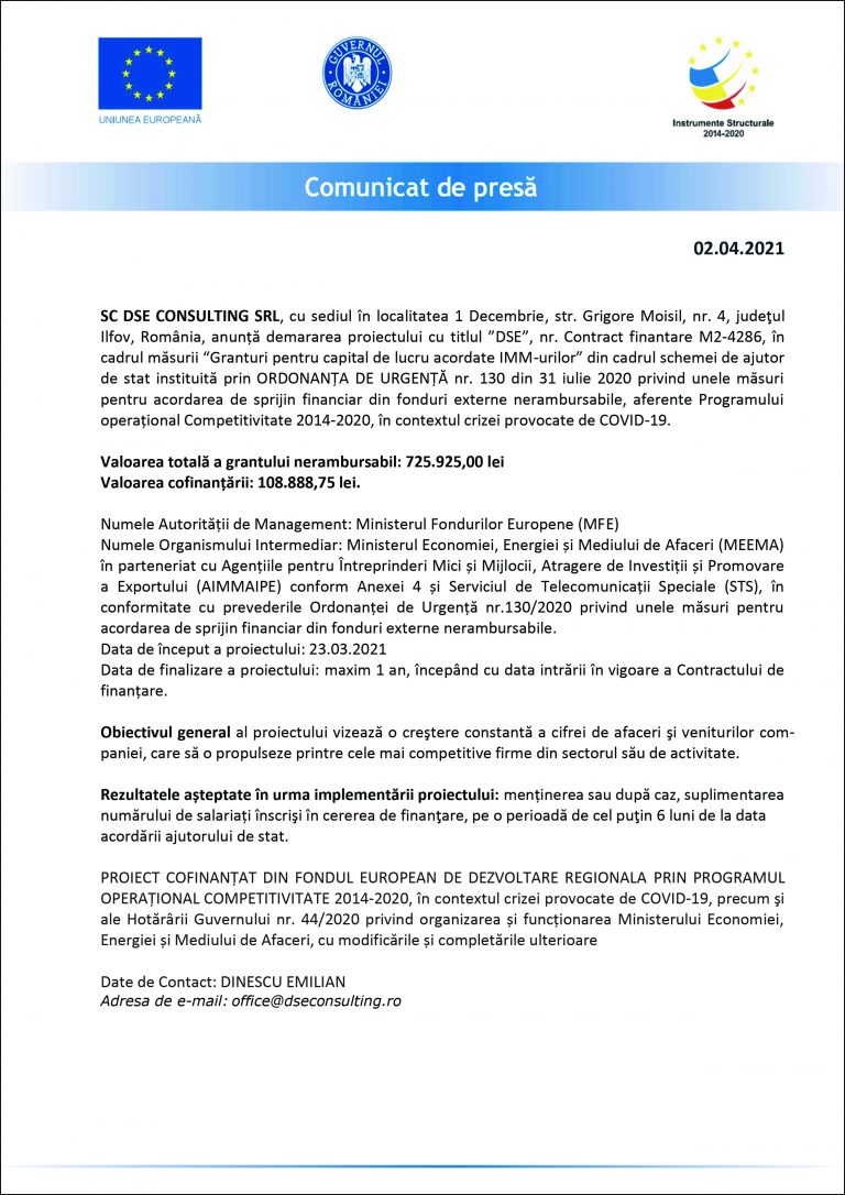 Comunicat de presă SC DSE CONSULTING SRL