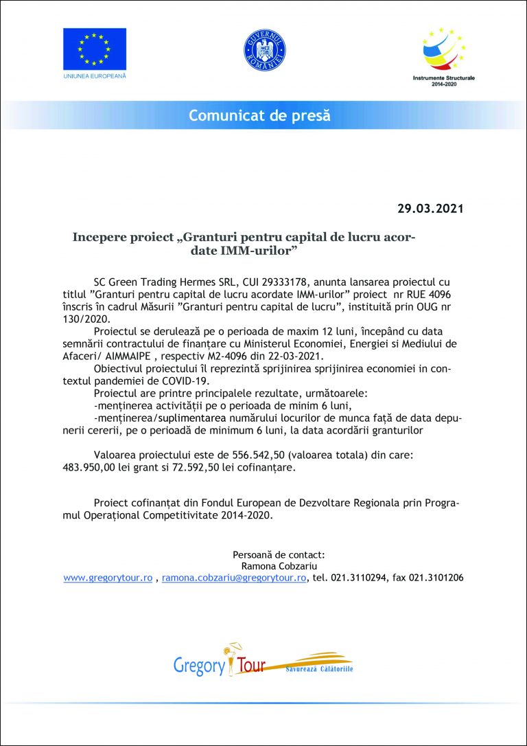 Comunicat de presă SC Green Trading Hermes SRL
