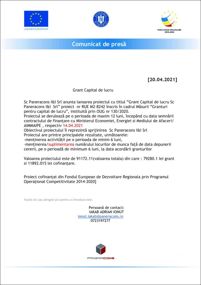 Comunicat de presă SC Paneracons I&I SRL