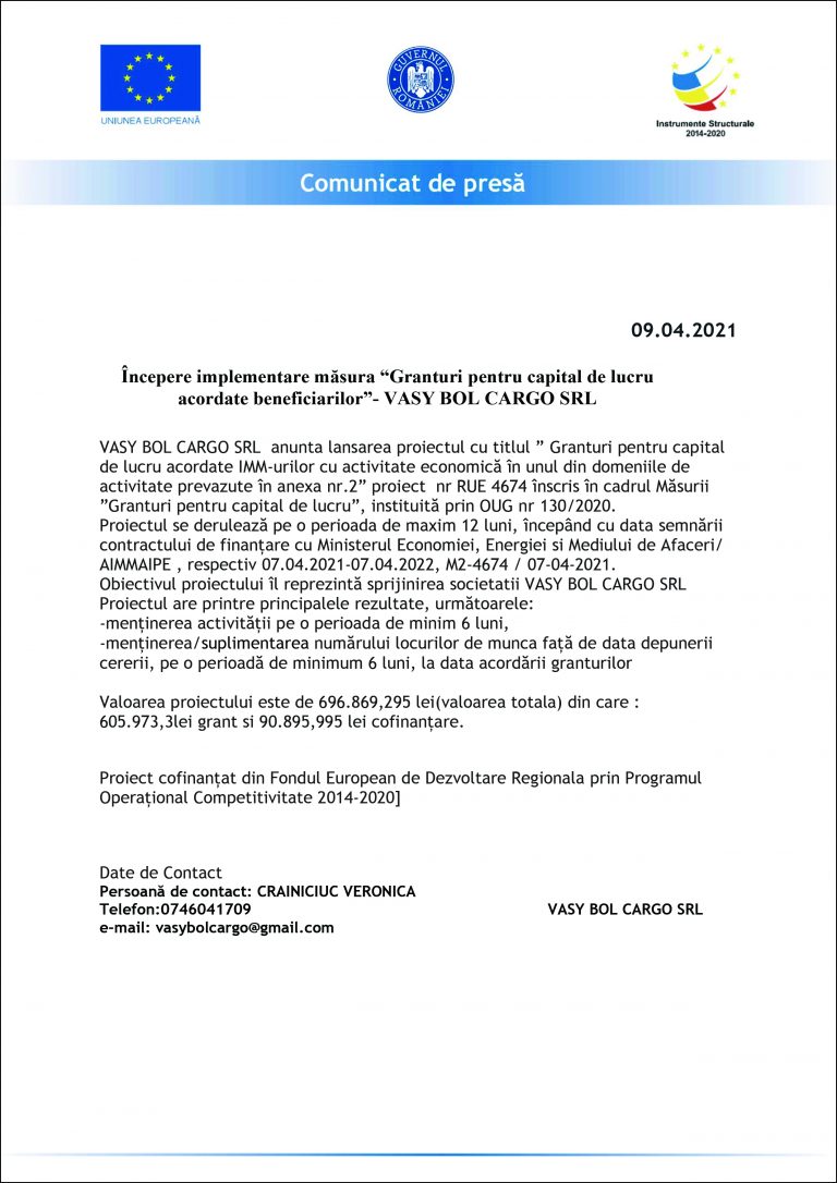 Comunicat de presă VASY BOL CARGO SRL