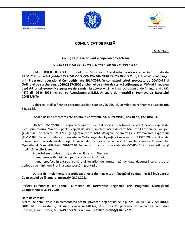 Comunicat de presă STAR TRUCK DUO S.R.L