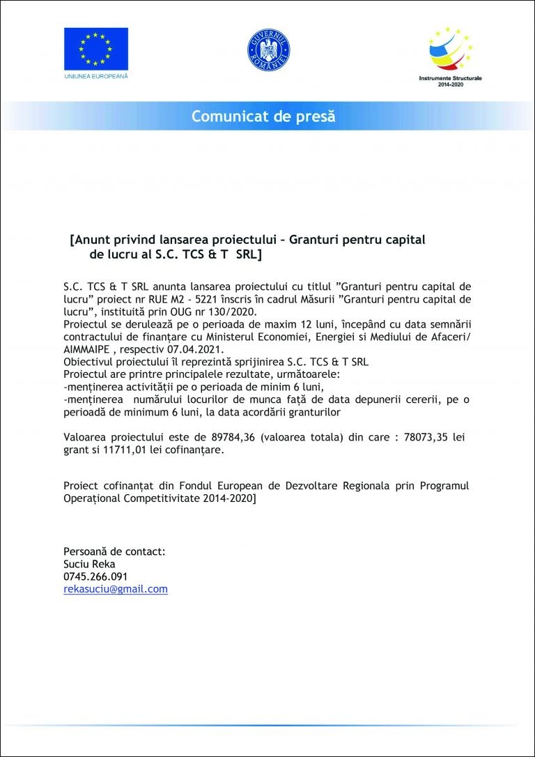 Comunicat de presă SC TCS & T SRL