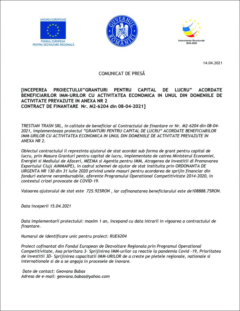 Comunicat de presă TRESTIAN TRASN SRL