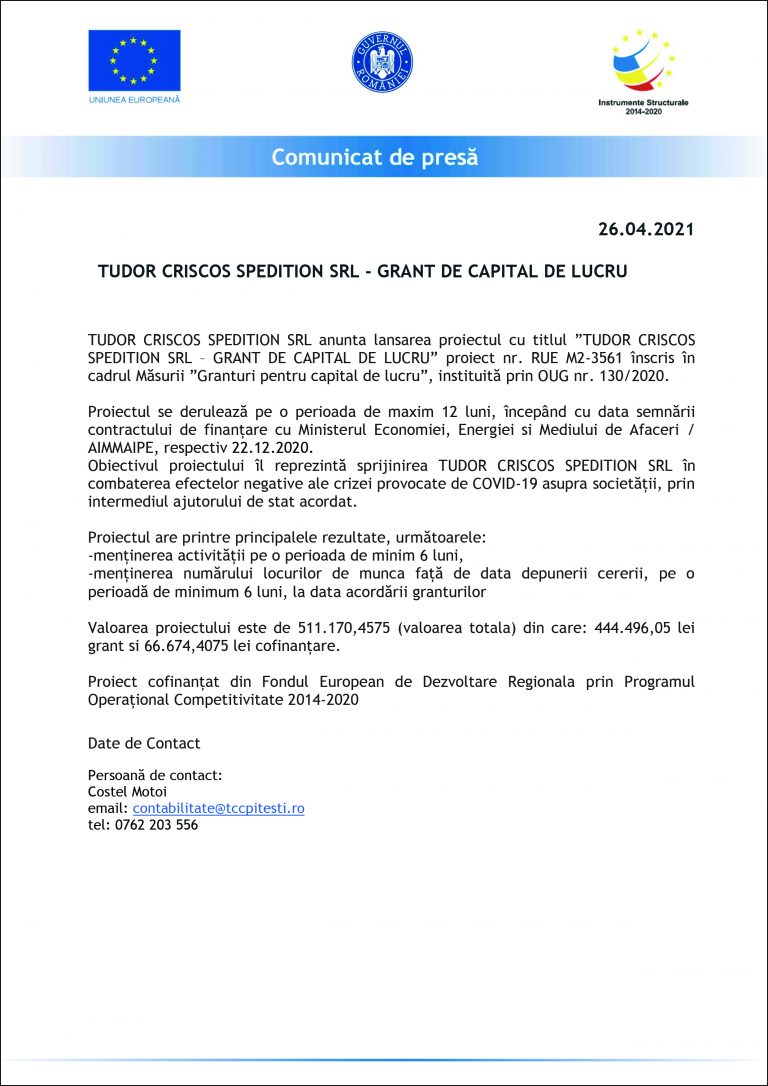 Comunicat de presă TUDOR CRISCOS SPEDITION SRL