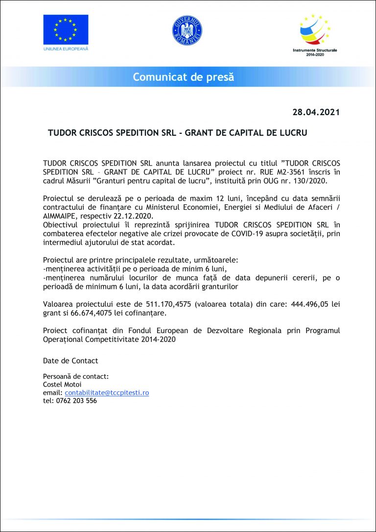 Comunicat de presă TUDOR CRISCOS SPEDITION SRL