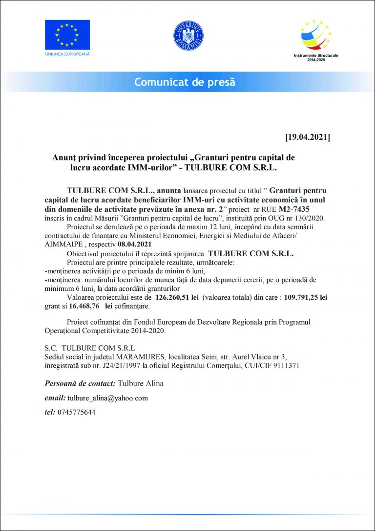 Comunicat de presă TULBURE COM S.R.L.