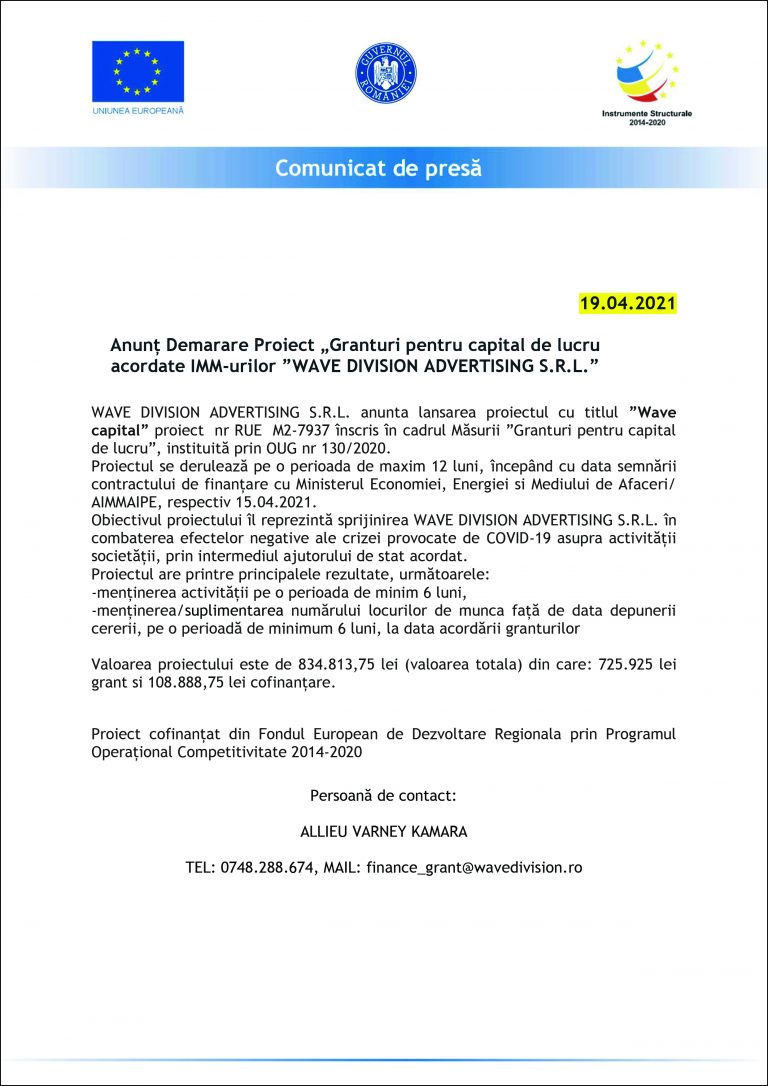 Comunicat de presă WAVE DIVISION ADVERTISING S.R.L