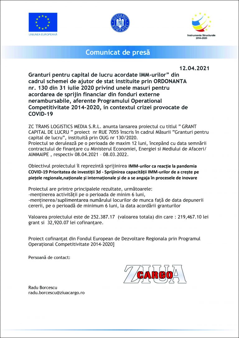 Comunicat de presa ZC TRANS LOGISTICS MEDIA S.R.L.