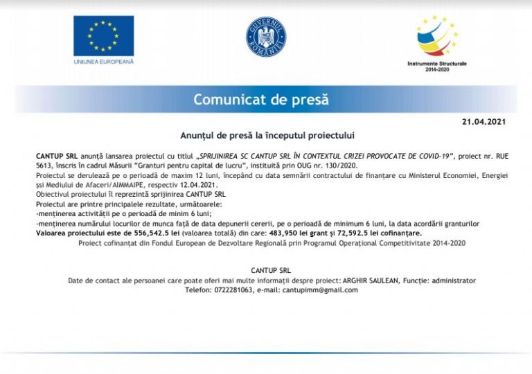 Comunicat de presa CANTUP SRL