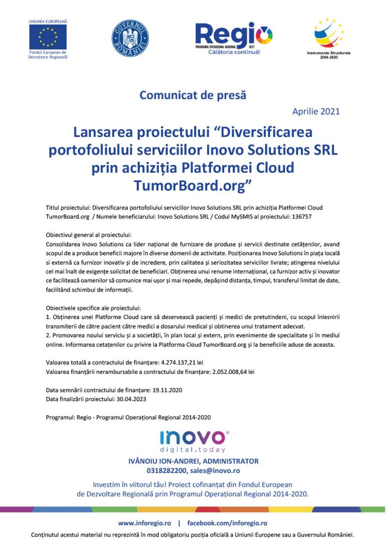 Comunicat de presă – Lansarea proiectului “Diversificarea portofoliului serviciilor Inovo Solutions SRL prin achiziția Platformei Cloud TumorBoard.org”