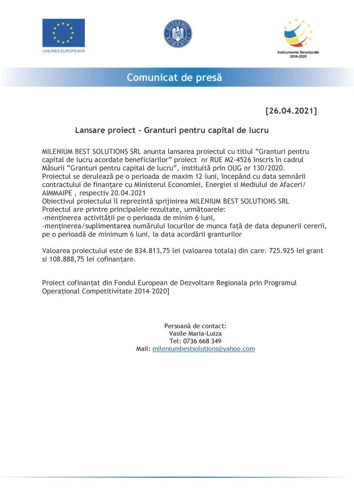 Comunicat de presa MILENIUM BEST SOLUTIONS SRL