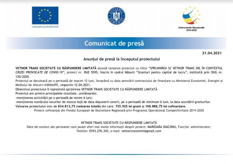 Comunicat de presa VETNOR TRANS SRL