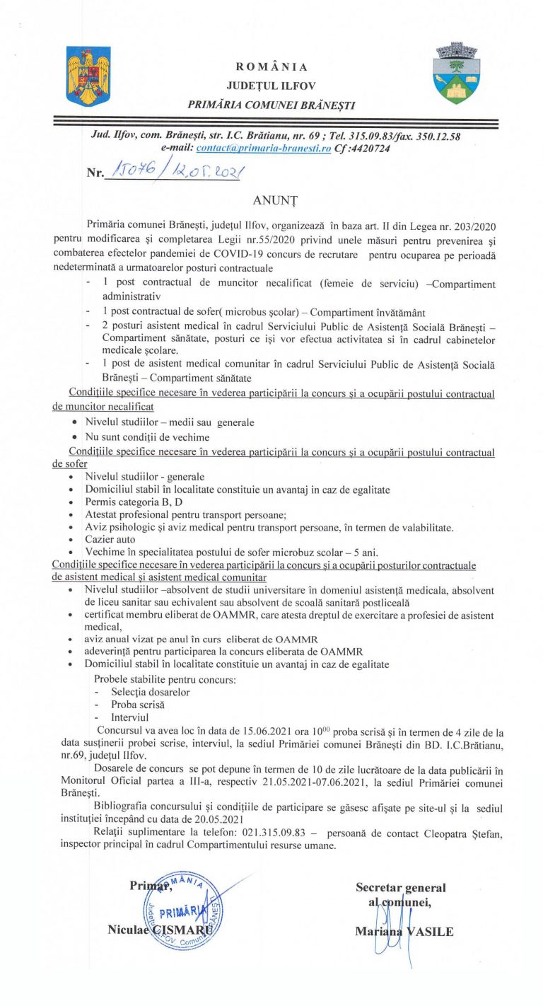 ANUNT – PRIMARIA COMUNEI BRANESTI