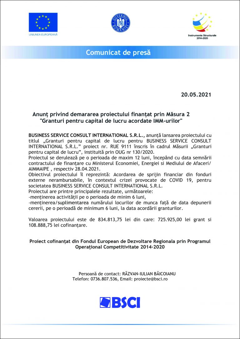 Comunicat de presă BUSINESS SERVICE CONSULT INTERNATIONAL SRL