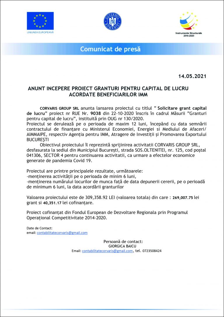 Comunicat de presă CORVARIS GROUP SRL
