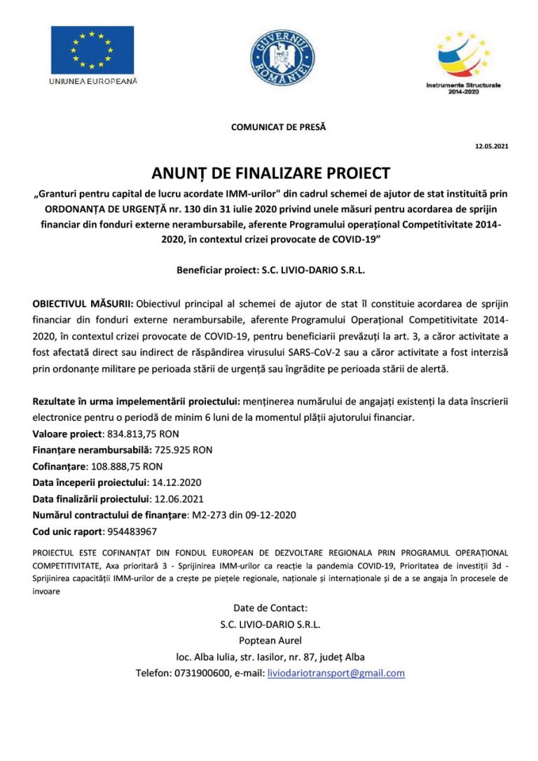 Comunicat de presa LIVIO-DARIO SRL