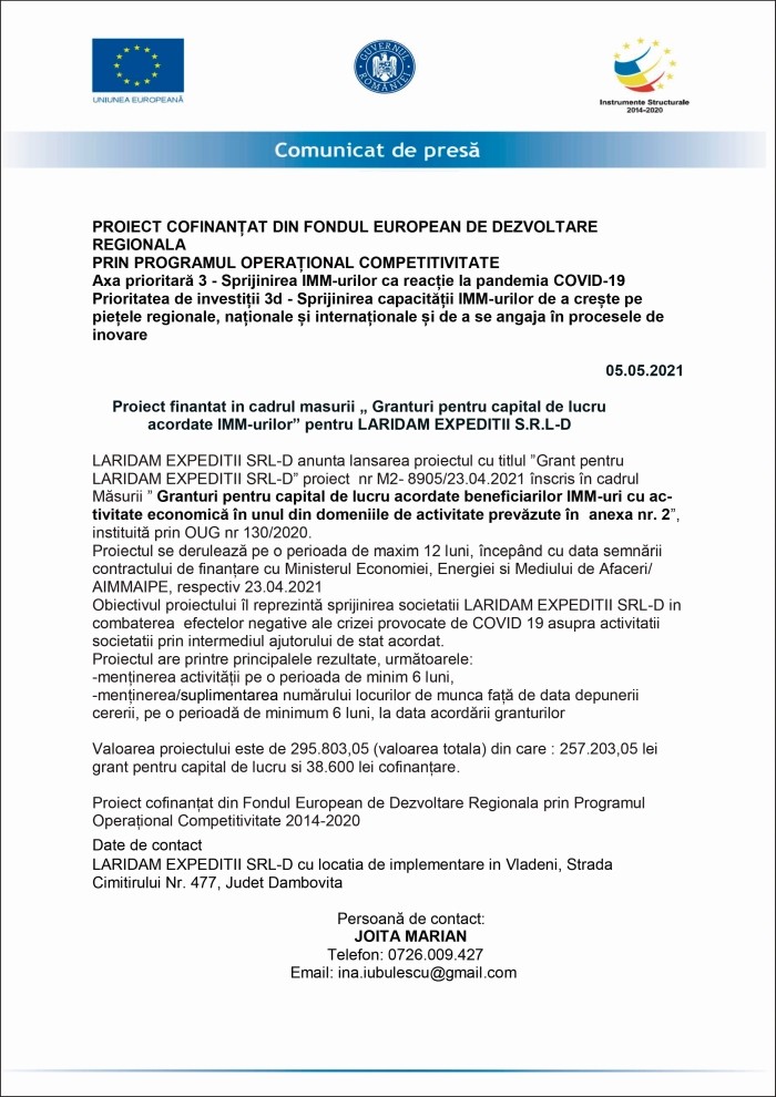 Comunicat de presă LARIDAM EXPEDITII SRL-D