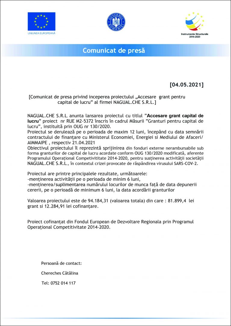 Comunicat de presă NAGUAL.CHE S.R.L.