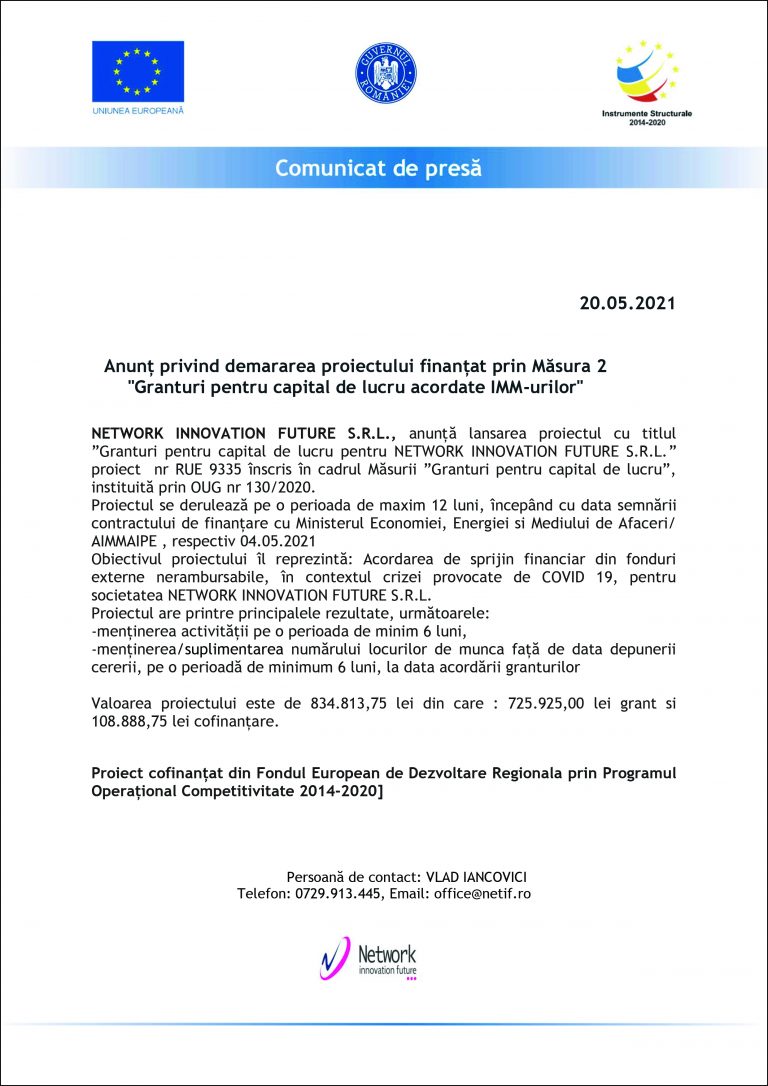 Comunicat de presă NETWORK INNOVATION FUTURE S.R.L