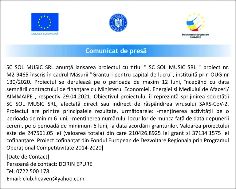 Comunicat de presă SC SOL MUSIC SRL