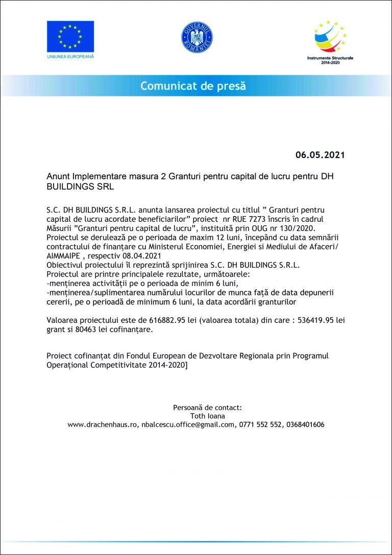Comunicat de presă S.C. DH BUILDINGS S.R.L