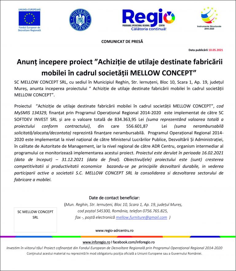 Comunicat de presa SC MELLOW CONCEPT SRL