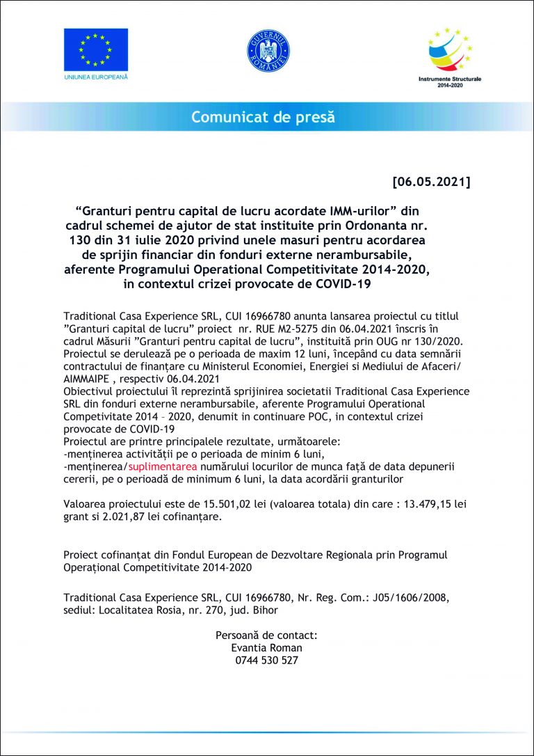 Comunicat de presă Traditional Casa Experience SRL