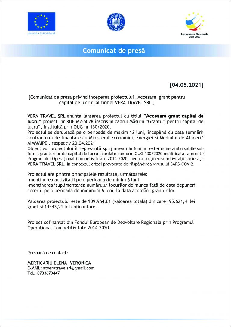 Comunicat de presă VERA TRAVEL SRL
