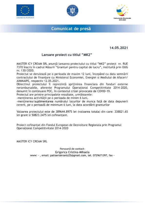 Comunicat de presa MASTER ICY CREAM SRL