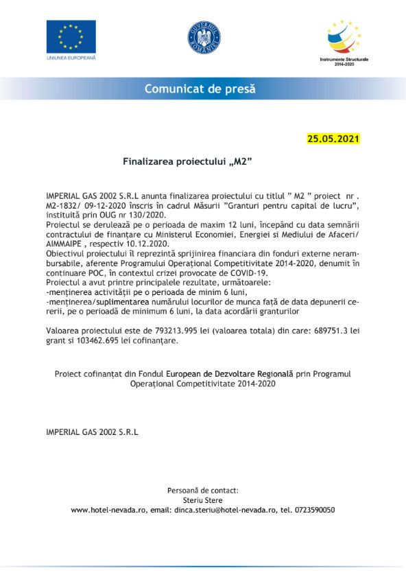 Comunicat de presă IMPERIAL GAS 2002 S.R.L