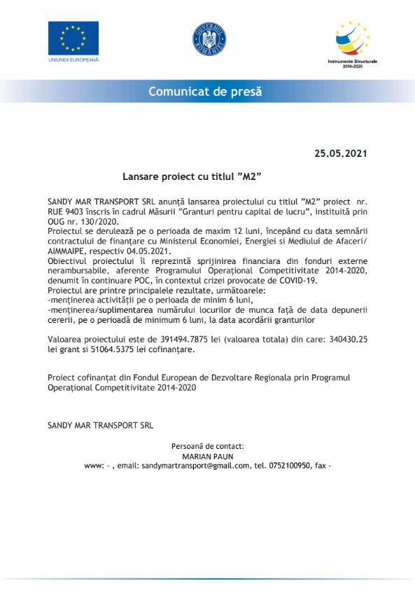 Comunicat de presa SANDY MAR TRANSPORT SRL