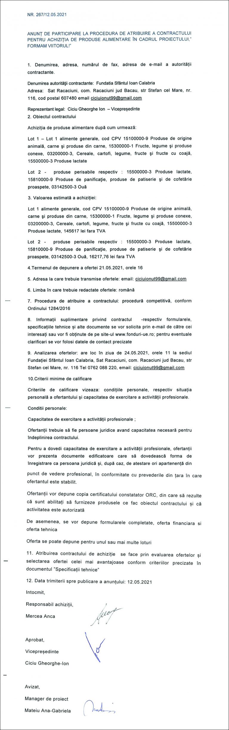 Anunț de participare Fundația Sfântul Ioan Calabria