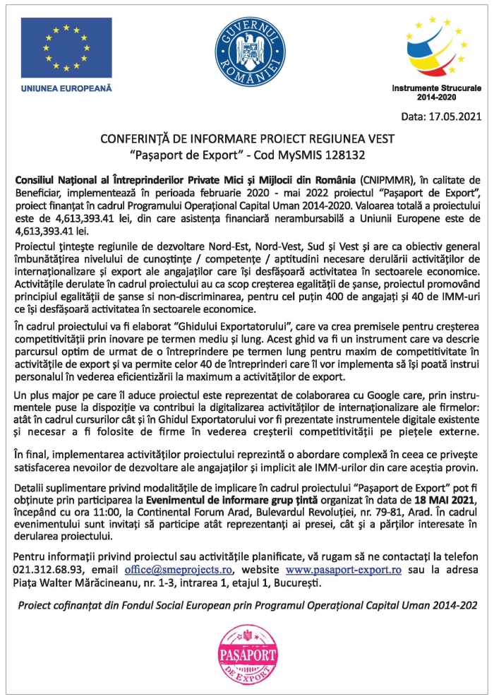 Conferinta de informare proiect regiunea vest „Pasaport de export” Cod Mysmis 128132