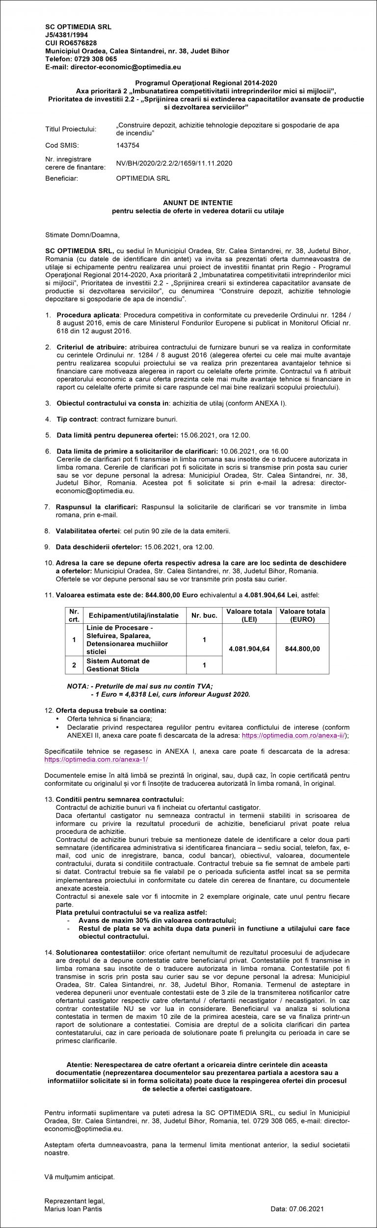 Anunt de intenție Optimedia SRL