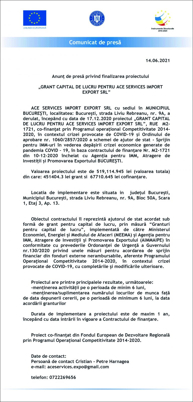 Comunicat de presă ACE SERVICES IMPORT EXPORT SRL
