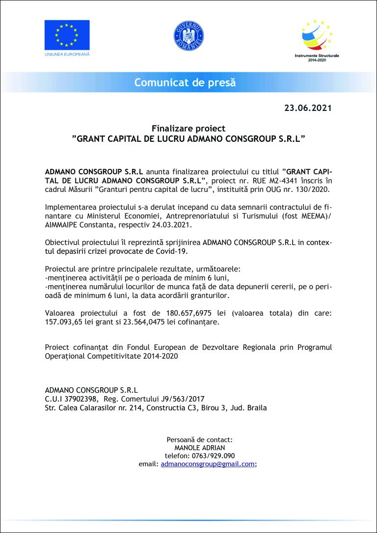 Comunicat de presă ADMANO CONSGROUP S.R.L