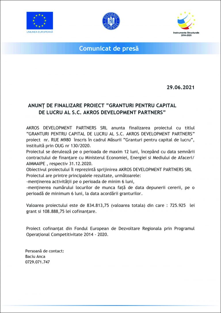 Comunicat de presă AKROS DEVELOPMENT PARTNERS SRL