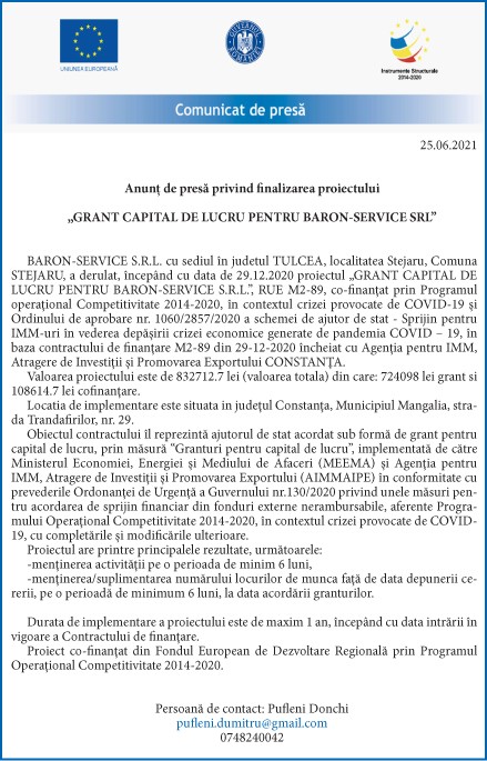 Comunicat de presa BARON SERVICE SRL