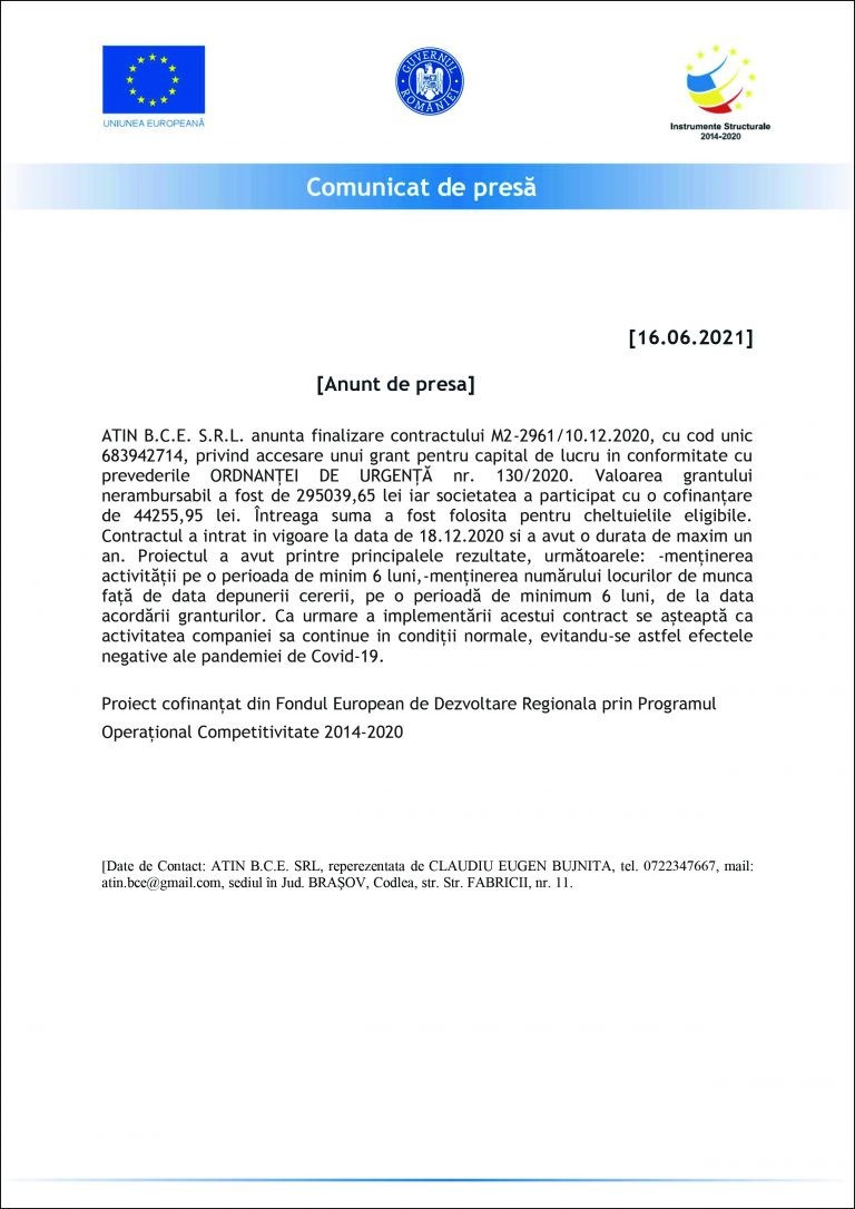 Comunicat de presa ATIN B.C.E. S.R.L.