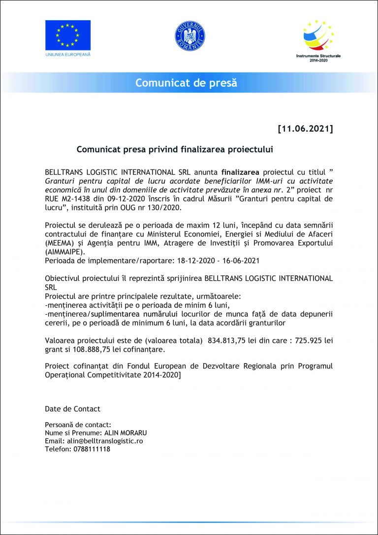 Comunicat de presă BELLTRANS LOGISTIC INTERNATIONAL SRL