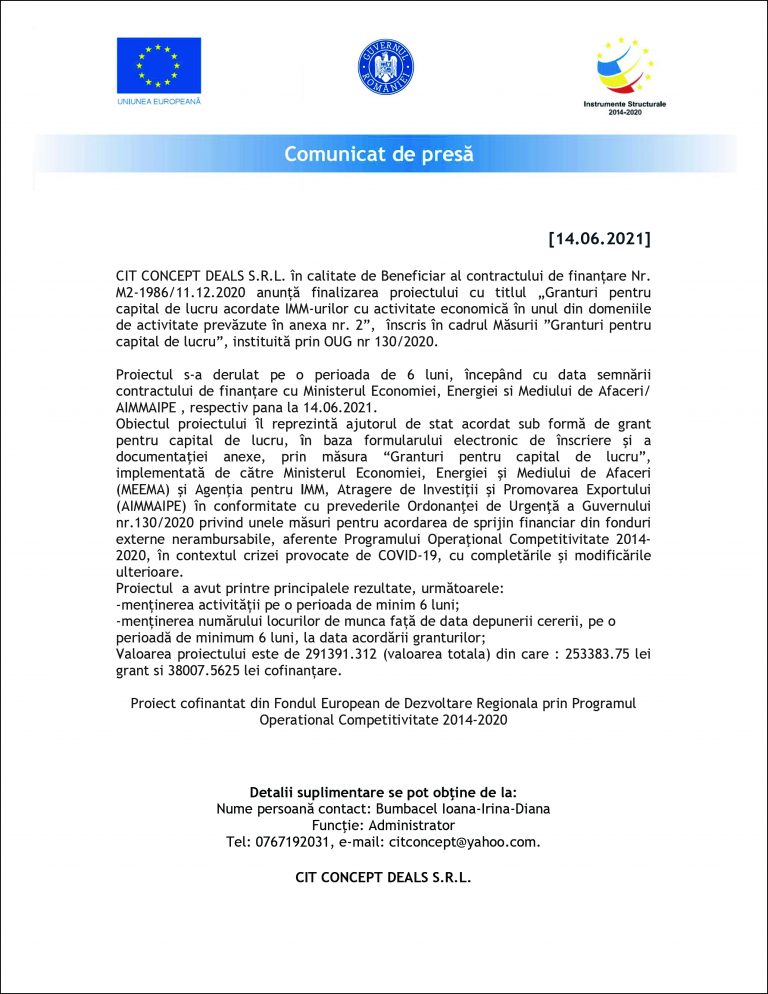 Comunicat de presă CIT CONCEPT DEALS S.R.L