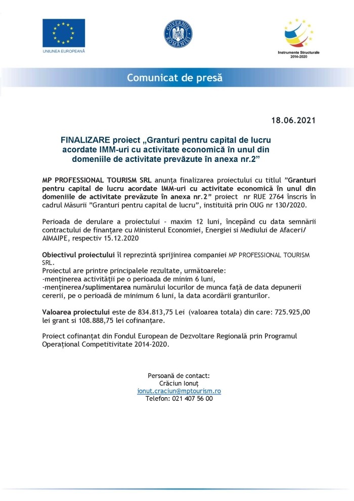 Comunicat de presa MP PROFESSIONAL TOURISM SRL