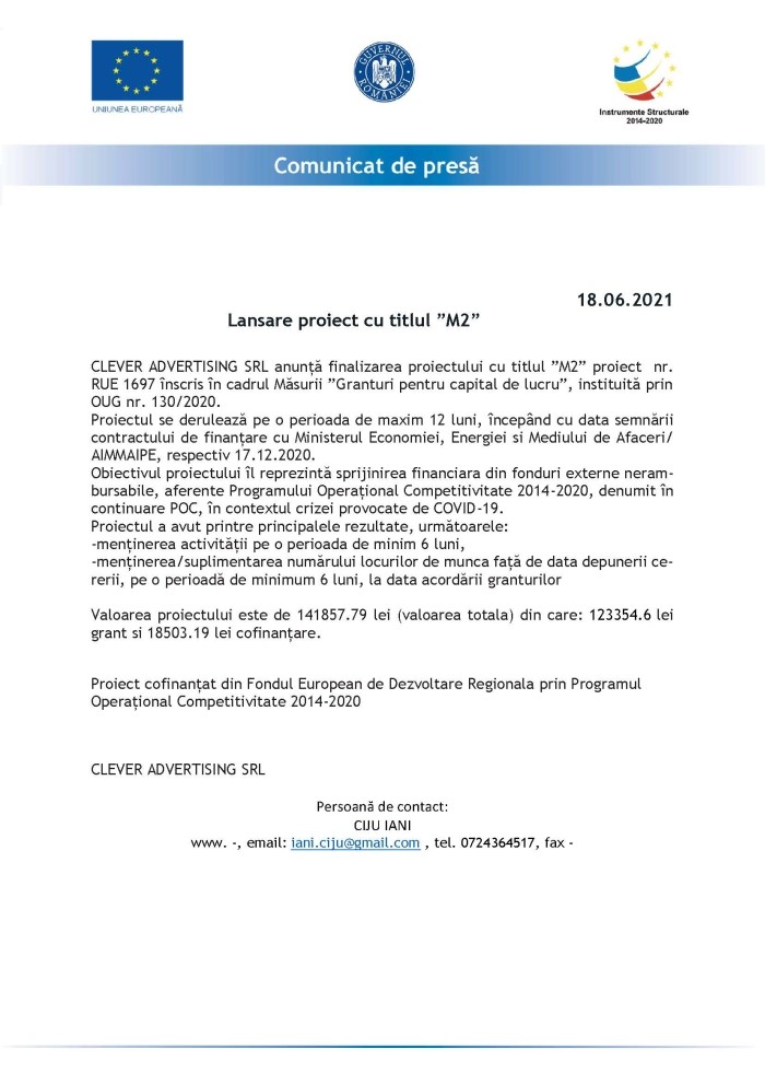 Comunicat de presa CLEVER ADVERTISING SRL